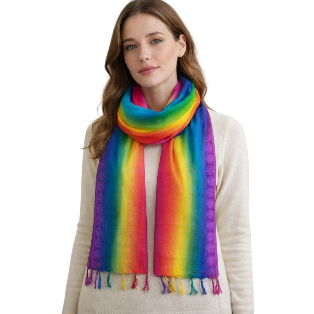 La Leela Rainbow Ombre Sun Border Long‎ Voile Scarf Shawl Wrap 42"x70"